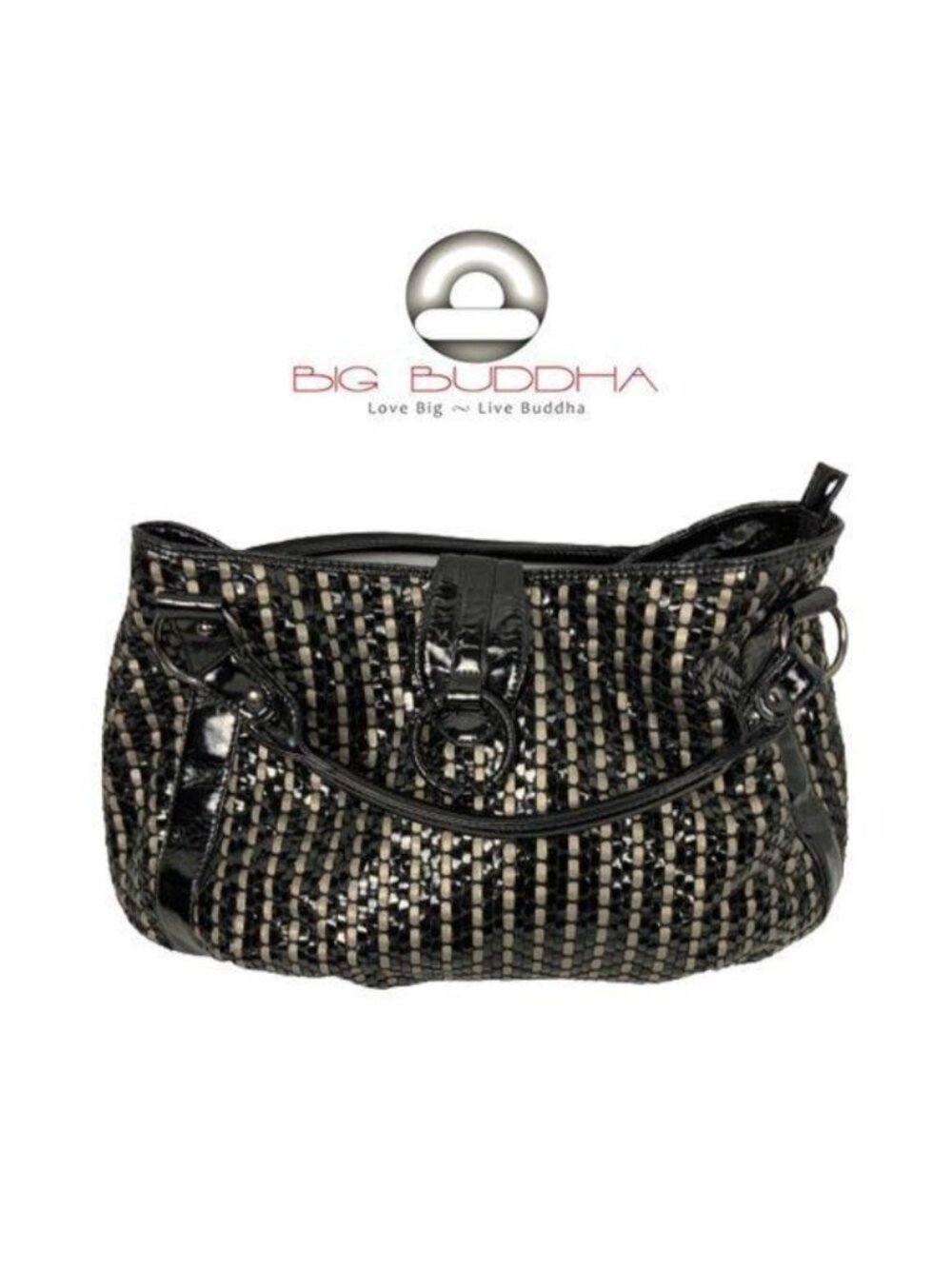 Big Buddha Black Cream Woven Shoulder Bag Hobo Handbag
